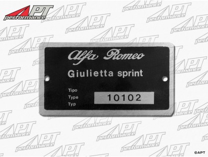 Type label Alfa Romeo 101.02 Giulietta Sprint 1300