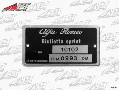 Type label Alfa Romeo 101.02 Giulietta Sprint