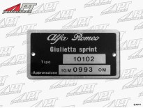 Type label Alfa Romeo 101.02 Giulietta Sprint