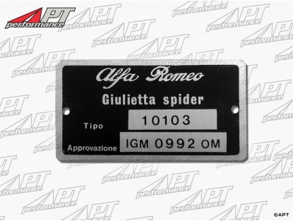 Type label Alfa Romeo 101.03 Giulietta Spider