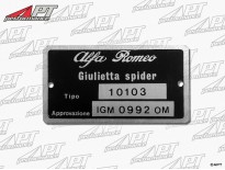 Type label Alfa Romeo 101.03 Giulietta Spider