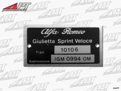 Type label Alfa Romeo 101.06 Giulietta Sprint Veloce
