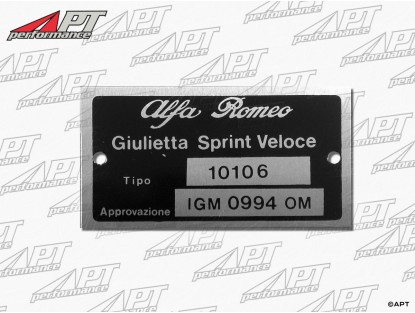 Type label Alfa Romeo 101.06 Giulietta Sprint Veloce