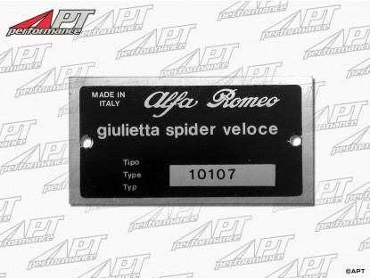 Type label Alfa Romeo 101.07 Giulietta Spider Veloce