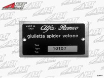 Type label Alfa Romeo 101.07 Giulietta Spider Veloce