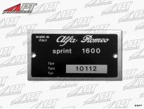 Type label Alfa Romeo 101.12 Giulia Sprint 1600