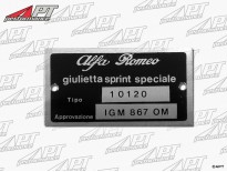 Type label Alfa Romeo 101.20 Giulietta Sprint Speciale