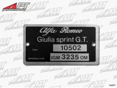 Type label Alfa Romeo 105.02 Giulia Sprint GT 1600