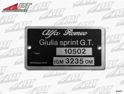 Type label Alfa Romeo 105.02 Giulia Sprint GT 1600