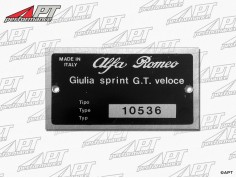 Type label Alfa Romeo 105.36 Giulia Sprint GT Veloce