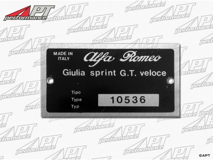 Type label Alfa Romeo 105.36 Giulia Sprint GT Veloce