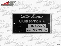 Type label Alfa Romeo 105.02 / A Giulia Sprint GTA 1600