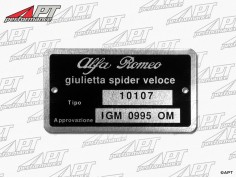 Type label Alfa Romeo 101.07 Giulietta Spider Veloce