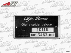 Type label Alfa Romeo 101.18 Giulia Spider Veloce