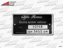 Type label Alfa Romeo 101.18 Giulia Spider Veloce 1600